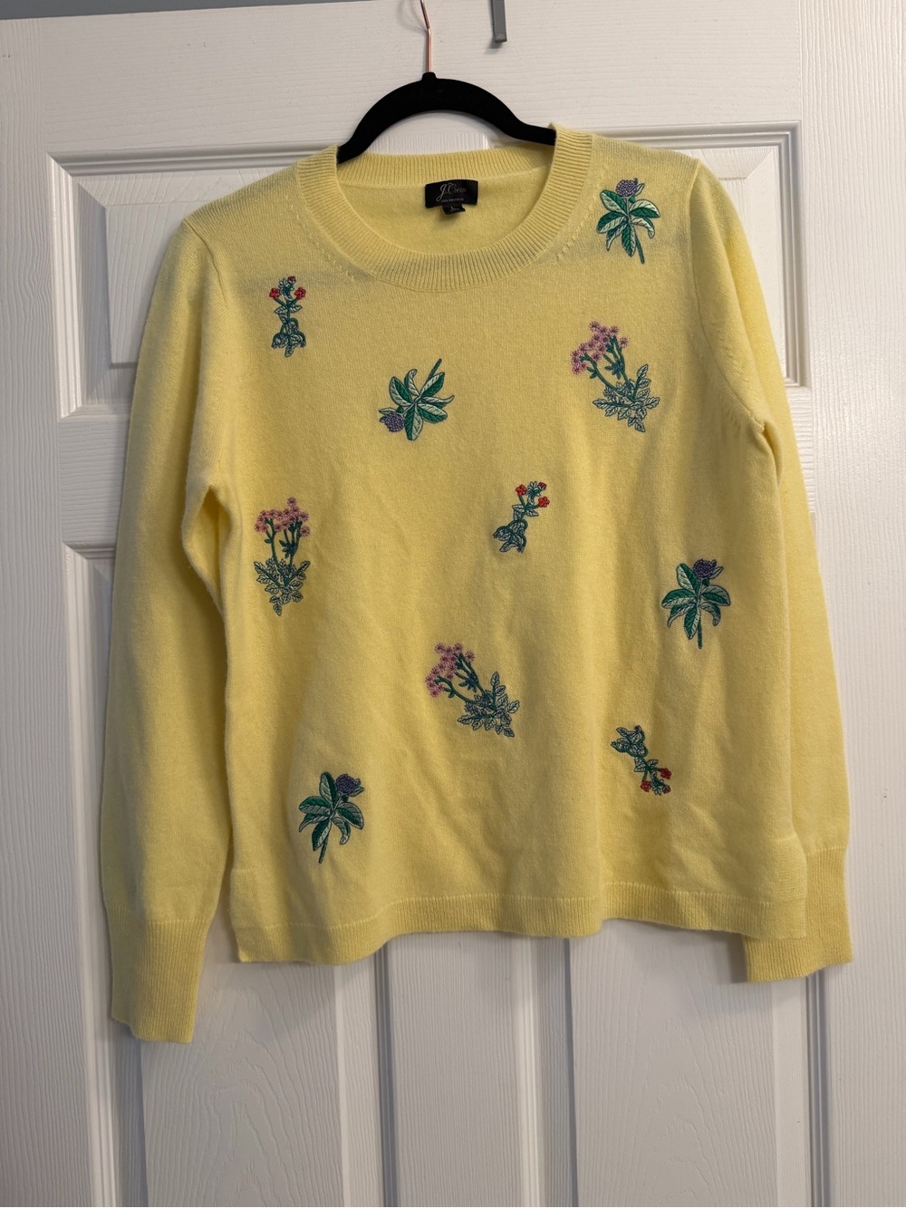 J.Crew 100% Cashmere Botanical Embroidered Floral Sweater Meadow Lemon
